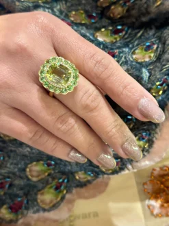 Green Tourmaline and Tsavorite Cushion Ring