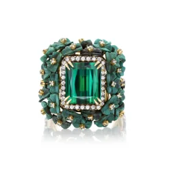 Green Tourmaline & Carved Wood Flower Ring
