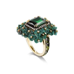 Green Tourmaline & Carved Wood Flower Ring