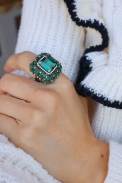 Green Tourmaline & Carved Wood Flower Ring