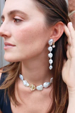 Long Keshi Pearl Earrings with Diamonds