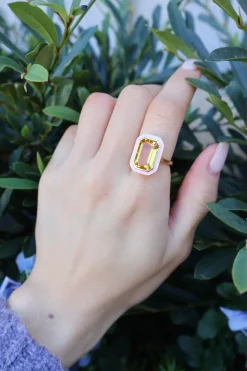 Pink Enamel & Citrine Ring