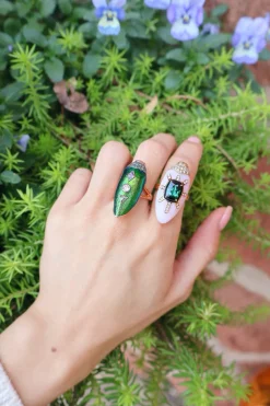 Pink Opal Scarab Ring with Green Tourmaline