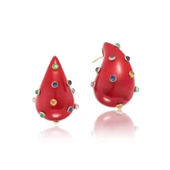 Red Tear Drop Earrings with Studded Gemstones
