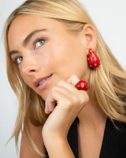 Red Tear Drop Earrings with Studded Gemstones