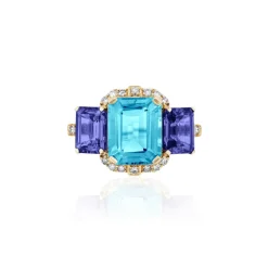 3 Stone Emerald Cut Blue Topaz & Tanzanite Ring