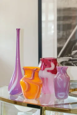 Transparent Raspberry Vase w/ White Stripes